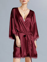 Celmia Ms. European and American temperament solid color V-neck long-sleeved stitching lace short nightdress Fashion casual bathrobe-style home service