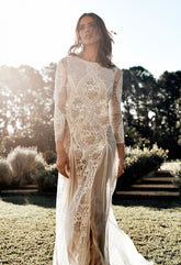 European and American new women's dresses long-sleeved lace sexy open-back mopping wedding dresses long skirts