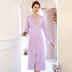 فساتين منزلية من Hiloc واحدة الصدر للنساء ملابس نوم بأربطة وأكمام فانوس فستان نسائي منتصف العجل ثوب نوم نسائي من Winte