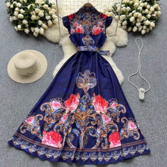 Retro Palace Style Lapel Printed Elegant Dress Female Summer
