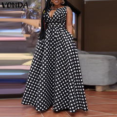 VONDA Elegant Dresses For Women 2022 Sexy Polka Dot Printed V-Neck Sleeveless A-Line Dresses Bohemian Party Vestidos Summer Plus Size Long Dresses