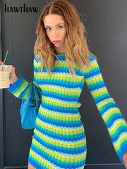 Women Long Sleeve Striped Beach Vacation Bodycon Mini Dress Streetwear