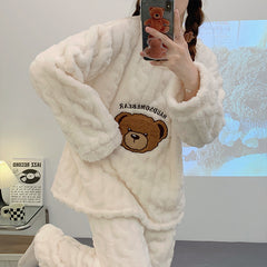 Autumn and winter new thickened plush jacquard pajamas women's round neck pullover sweet student home service