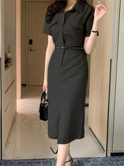 VONDA Elegant Solid Color Summer Sundress Fashion Women Lapel Buttons Casual Midi Dress Short Sleeve Party Vestidos Robe