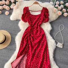 Square collar polka dot dress short-sleeved new summer French style waist sweet temperament puff sleeves big dress