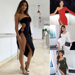 Fashionable one-shoulder long-sleeved dress European and American sexy slit party evening dress