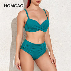 HOMGAO ملابس السباحة الصلبة الخصر النساء البيكينيات 2022 جديد مثير رفع قطعتين ملابس السباحة الإناث الشاطئ لباس سباحة