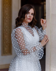 High Quality New European and American women's polka dot mesh see-through puff sleeve dress Cross-border Hot Sale