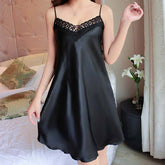 Women Dress Deep V Nightdress Lace Sleepwear Lingerie Silk Satin nightie Nightgown Sleeveless Sling Nightwear Home Dress #D