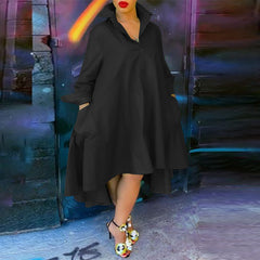 VONDA ladies lady-like temperament solid color shirt dress European and American sweet and elegant lapel button placket front short and back length irregular design long skirt daily spring and summer large size wild dating skirt