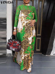 VONDA Elegant Dresses For Women 2022 Random Printed Turtleneck Long Puff Sleeve Pleated A-Line Vestidos Bohemian Party Casual Plus Size Long Dresses