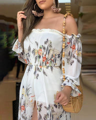 فستان بوهو شيفون أبيض بأكمام طويلة