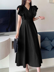 ZANZEA Women Elegant Dresses Solid V-Neck Ruffle Sleeve Short Sleeve High Waist Double Layer Ruffles Mid-Calf Length Dress Fitting Ladies Vestido