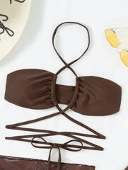 New drawstring strap skirt mesh split bikini with chest pad no steel support three-piece swimsuit bikini