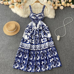 Ethnic style, elegant print, slim waist, beautiful A-line long skirt, suspender dress