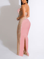 ساطع الحفر الساخن الديكور مثير كتف واحد بلا أكمام الخصر النحيف شبكة انظر من خلال الورك فستان طويل فستان الموضة الأوروبية والأمريكية مزاجه أنيق