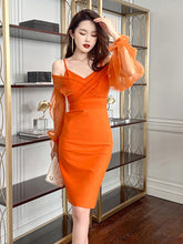 Chic Mesh Elegant Women Evening Dress Perspective Strap V-Neck Puff Sleeve Bodycon Slit Midi Robe Femme Vestidos Sexy Mujer Gown