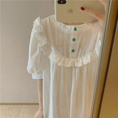 QWEEK Cotton Night Dress Women Korean Sleepwear Girls Style Nightgown Nightie Puff Sleeve Nightwear Loungwear