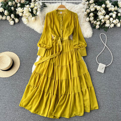 French elegant and simple solid color V-neck single-breasted chiffon dress