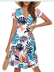 فساتين بوهو نسائية صيفية عصرية بياقة على شكل V وأكمام قصيرة ومطبوعة لحفلات الشاطئ للنساء، فساتين أنيقة غير رسمية للعطلات للنساء