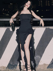 Strapless Tube Sexy Dress Midi Floral Dress 2023 Summer Off Shoulder Slit Club Women Dress Party White Black Suit Y2k