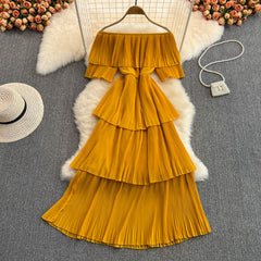 Summer one-word collar off-the-shoulder sweet ruffled temperament cake dress seaside vacation beach skirt elegant long skirt
