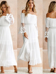 Female Strapless Long Sleeve Sundress Women's White Beach Dress Summer Loose Sexy Off Shoulder Lace Boho Maxi Dress Feme 2022