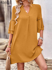 ZANZEA Elegant Lace Patchwork Dress Summer Flare Sleeve V-Neck Robe Woman Casual Holiday Beach Sundress Fashion Party Vestidos