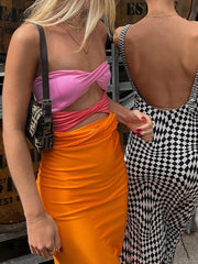 Patchwork Strapless Bodycon Dress Sexy Women Hollow Out Sleeveless Backless Summer Beach Dresses Party Club Midi 2022