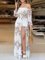 فستان بوهو شيفون أبيض بأكمام طويلة