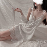 New Women Sexy Nightgown Satin Lace Nightdress Robe V-neck Flounce Straps Thin Sleepwear Female Pijamas Lounge Set Bath Robe
