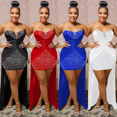 European and American dress fashion solid color hot drill tube top fluffy mesh dress women's