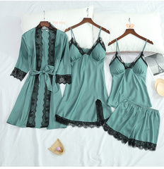 المتفجرة خمس قطع الصيف والخريف المرأة مثير محاكاة الحرير قسم رقيقة مع وسادة الصدر الحمالات باس النوم السيدات ثوب النوم ملابس المنزل