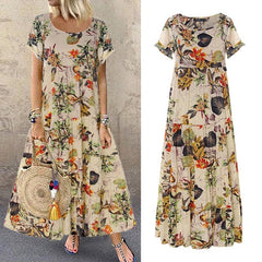 2022 Vintage Cotton Linen Floral Print Short Sleeve Crew Neck Dress