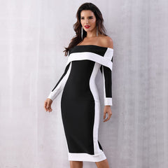 Sexy Off Shoulder Slash Neck Bodycon Dress Patchwork Black White Runway Evening Party Dress Women Elegant Nightclub Pencil Dress