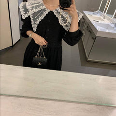 Korean Chic Hepburn Style French Style Temperament Vintage Lace Crochet Embellished Large Lapel Slimming Elegant Dress for Women