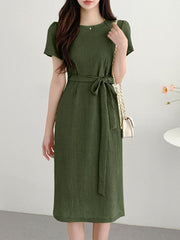 ZAZNEA Causal Loose Dress Ladies Elegant Work Vestido Women Summer Short Sleeeve Solid Sundress Fashion Loose Lace Up Dresses