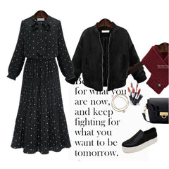 ربيع جديد فضفاض نمط النمط الأوروبي فستان منقط المرأة طباعة طويلة الأكمام السيدات فستان القوس البوهيمي الشيفون الشيفون فستان أسود المرأة رداء