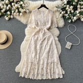 French celebrity style high-end lace puff sleeve V-neck dress female waist slimming dress