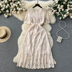 French celebrity style high-end lace puff sleeve V-neck dress female waist slimming dress