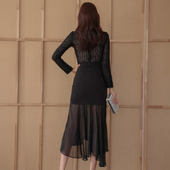Fashion Women Vintage Sexy Lace Perspective Midi Party Club Dress Elegant Coffee Break Robe Black Skinny Bodycon Female Dress