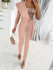 Sleeveless Belt Decorated Jumpsuit Slim Fit Stitching Beaded Women's Trousers Evening Dress