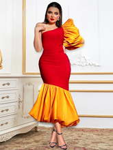 AOMEI Sexy One Shoulder Dresses Patchwork Color Block Women Evening Red Orange Robes Fashion Birthday Prom Bodycon Ruffle Gowns