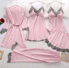 بيجامة أوروبية وأمريكية من الحرير المقلد ملابس داخلية مثيرة مكونة من خمس قطع