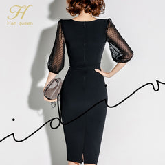 H Han Queen Elegant Ruffles Slim Pencil Dress Women Autumn Black Office Wear Dresses Simple Party Work Sheath Bodycon Vestidos