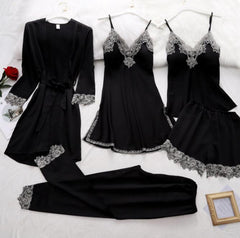 بيجامة أوروبية وأمريكية من الحرير المقلد ملابس داخلية مثيرة مكونة من خمس قطع