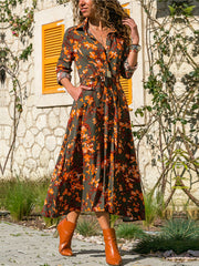 فستان طويل صيفي للنساء فستان شيفون بوهو مطبوع عليه زهور وأكمام طويلة وياقة مقلوبة فستان قميص للسيدات فساتين غير رسمية