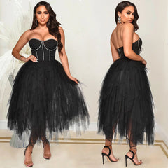 European and American dress fashion solid color hot drill tube top fluffy mesh dress women's