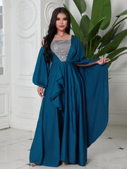 Elegant blue satin sequined dress