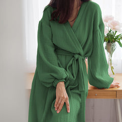 Early spring new French solid color cardigan nightgown double gauze cotton casual fashion home pajamas female cotton